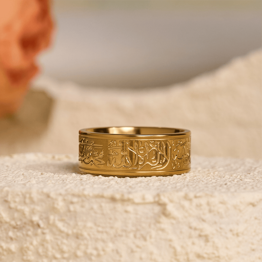 FREE Today: Devotion Shahada Engraved Spinner Ring — Polished Titanium Steel - Gold Ring with Golden Lettering - US11 - image 16