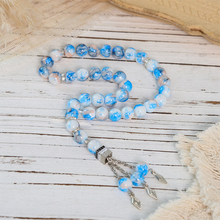 HilalHaven Marbled Globe  Handcrafted Glass Minimal 33 Beads Tasbih  - Sky Blue - image 0