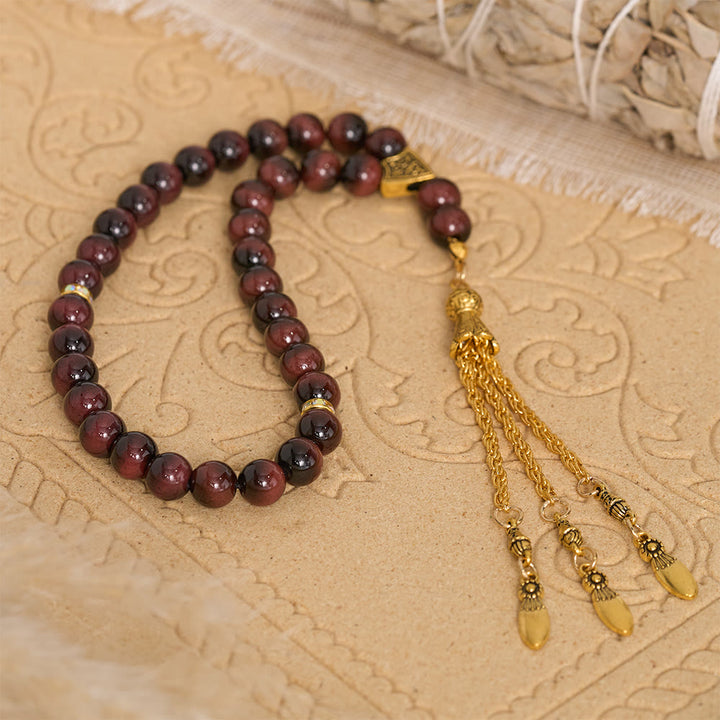 HilalHaven Polished Round Stone Multi-Tone Tassel Meditation Strand Golden Detail Glass 33 Beads Tasbih - Deep Earth Red Tone - image 4
