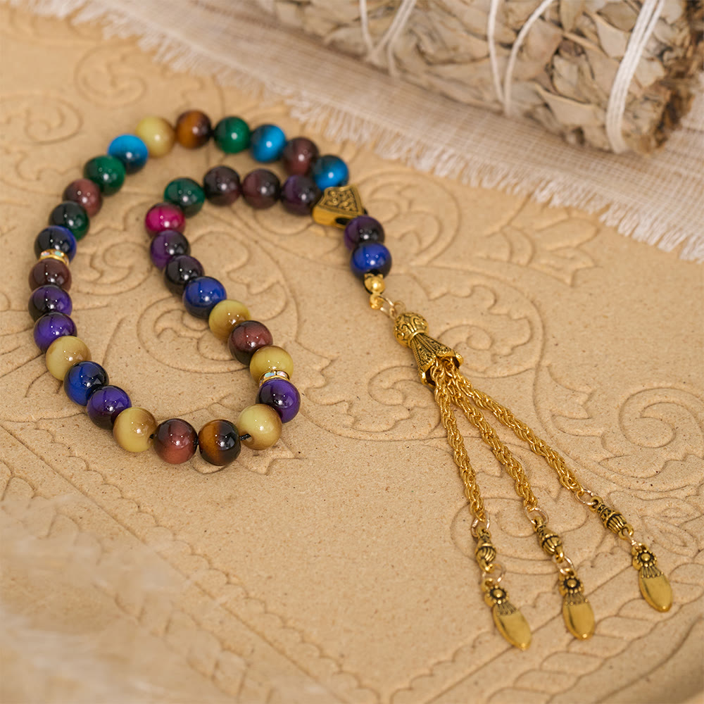 HilalHaven Polished Round Stone Multi-Tone Tassel Meditation Strand Golden Detail Glass 33 Beads Tasbih - Mixed Mineral Rainbow Tone - image 6