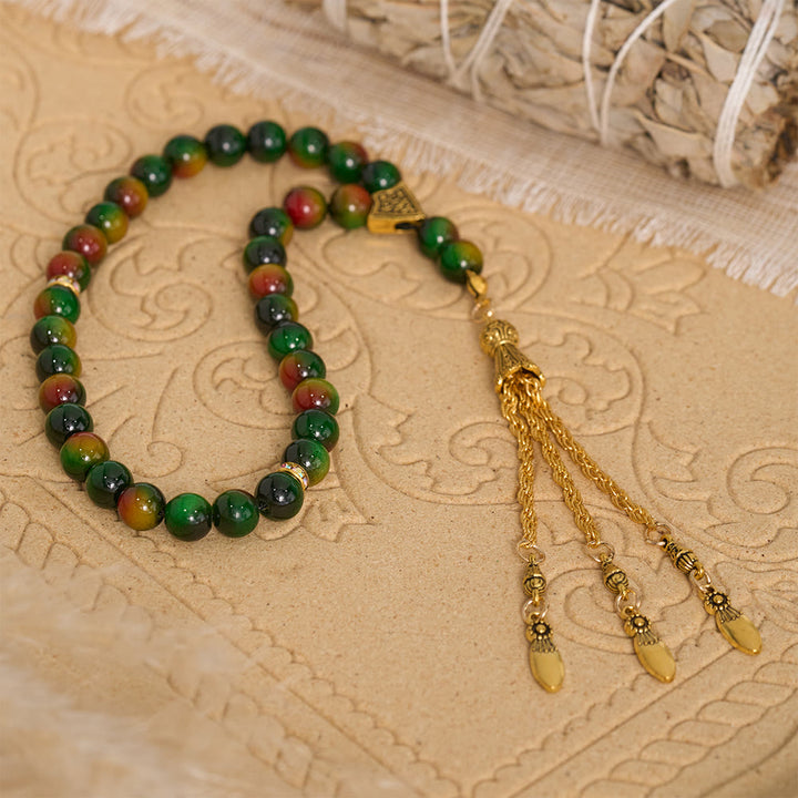 HilalHaven Polished Round Stone Multi-Tone Tassel Meditation Strand Golden Detail Glass 33 Beads Tasbih - Gradient Green Tone - image 2