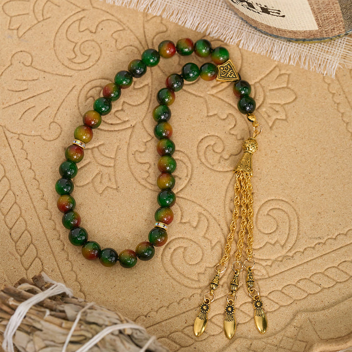 HilalHaven Polished Round Stone Multi-Tone Tassel Meditation Strand Golden Detail Glass 33 Beads Tasbih - image 3