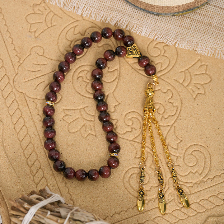 HilalHaven Polished Round Stone Multi-Tone Tassel Meditation Strand Golden Detail Glass 33 Beads Tasbih - image 5