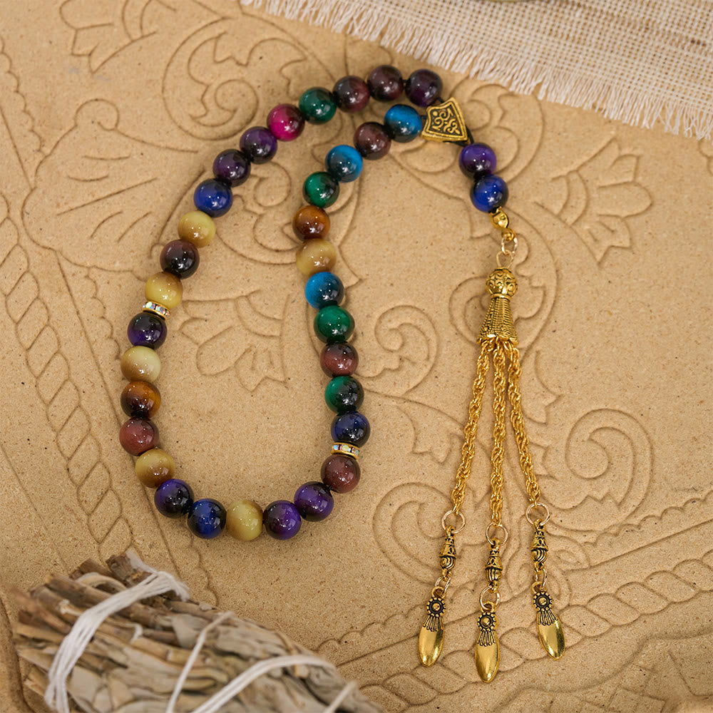HilalHaven Polished Round Stone Multi-Tone Tassel Meditation Strand Golden Detail Glass 33 Beads Tasbih - image 7