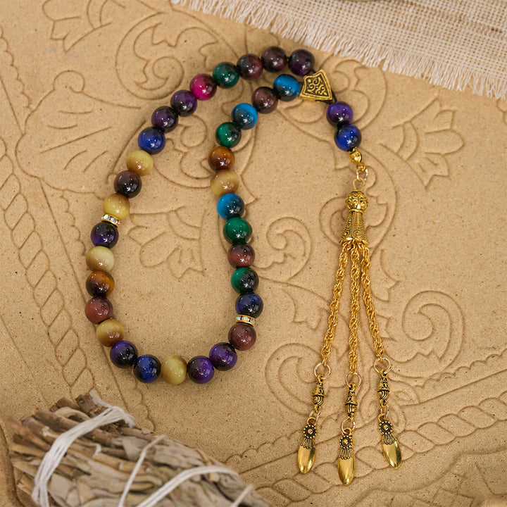 HilalHaven Polished Round Stone Multi-Tone Tassel Meditation Strand Golden Detail Glass 33 Beads Tasbih - image 7