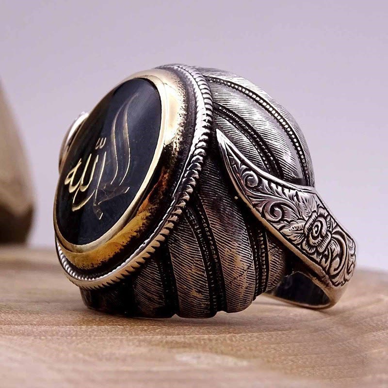 HilalHaven Vintage Feather Relief Script Signet Ring Two-Tone Electroplated Alloy Unisex Statement Ring - image 2