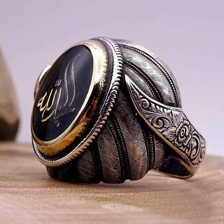 HilalHaven Vintage Feather Relief Script Signet Ring Two-Tone Electroplated Alloy Unisex Statement Ring - image 2