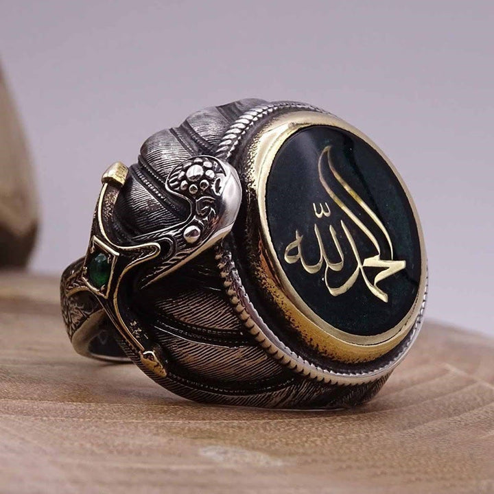 HilalHaven Vintage Feather Relief Script Signet Ring Two-Tone Electroplated Alloy Unisex Statement Ring - US12 - image 1