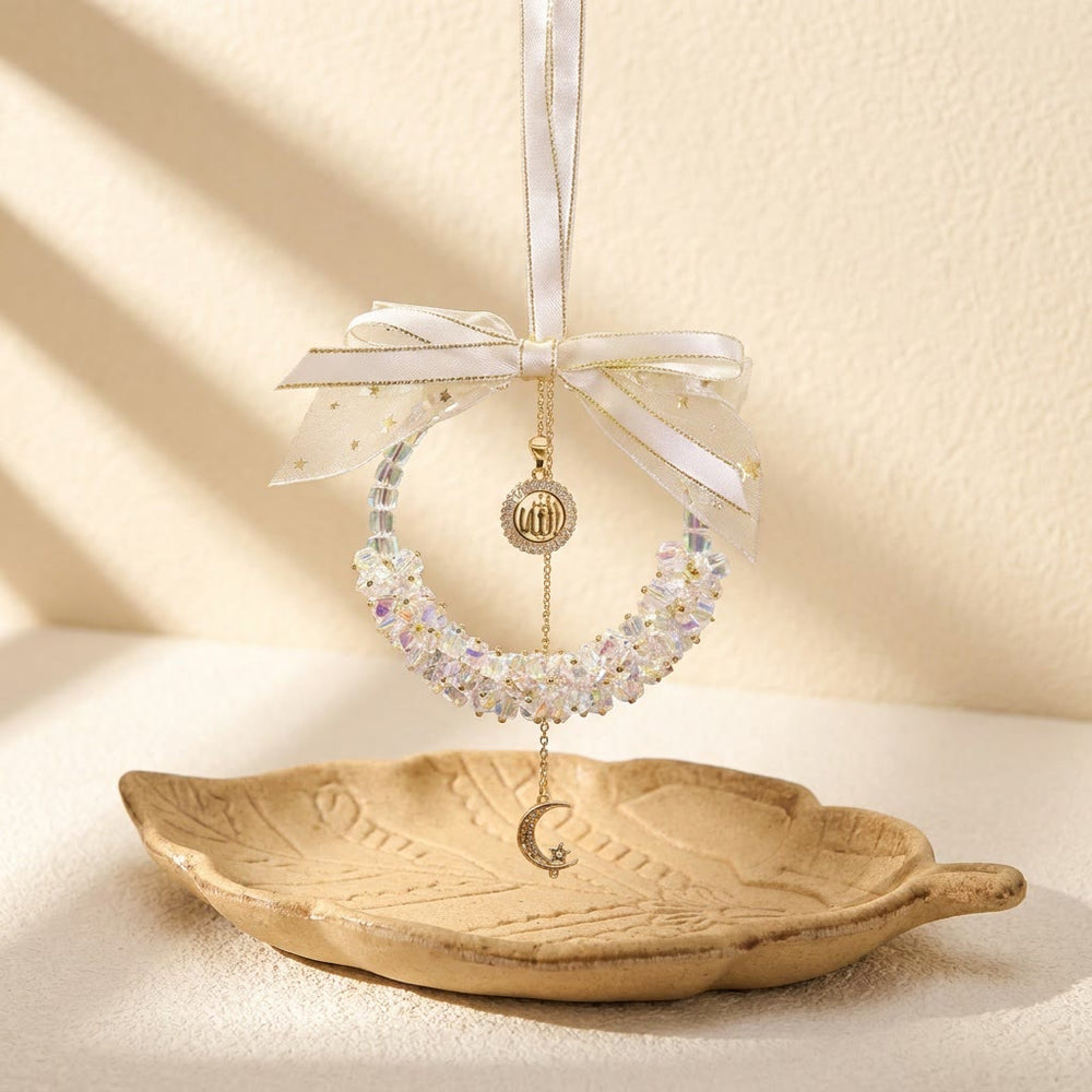 HilalHaven Ribbon Bow Circular Crystal Pendant With Lunar Detail Car Pendant - White - image 1