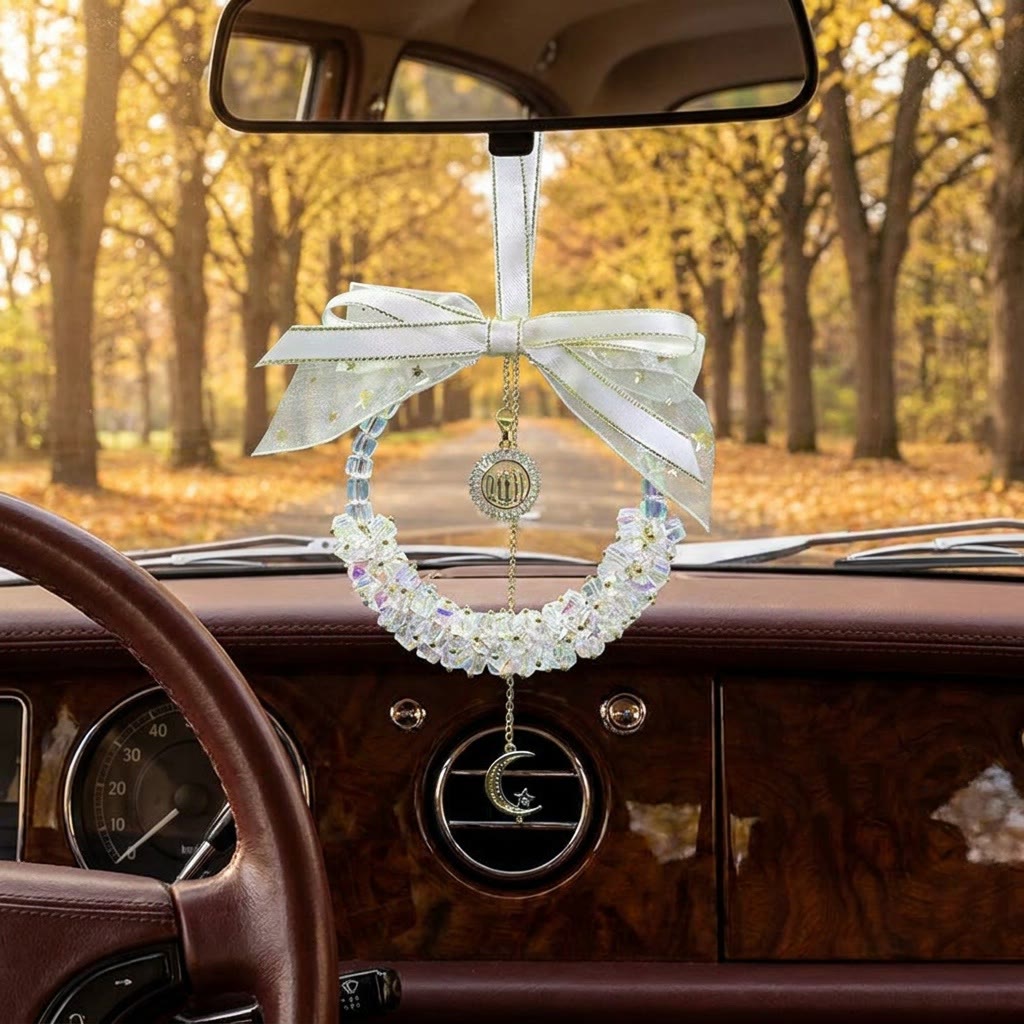 HilalHaven Ribbon Bow Circular Crystal Pendant With Lunar Detail Car Pendant - image 0