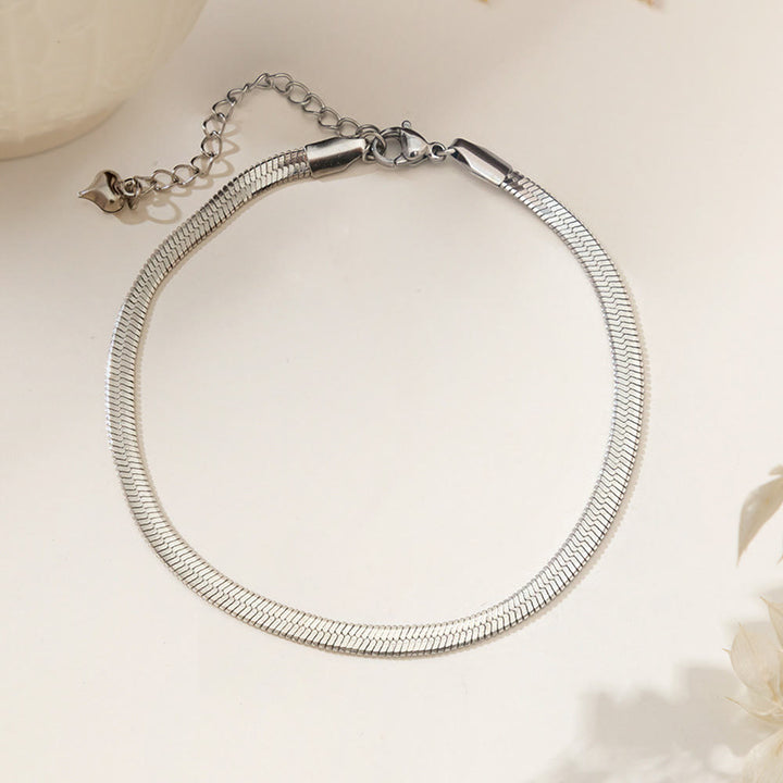 HilalHaven Flat Scale Chain Heart Accent Ankle Strand Polished Stainless Steel Minimal Bracelet - Silver - image 1