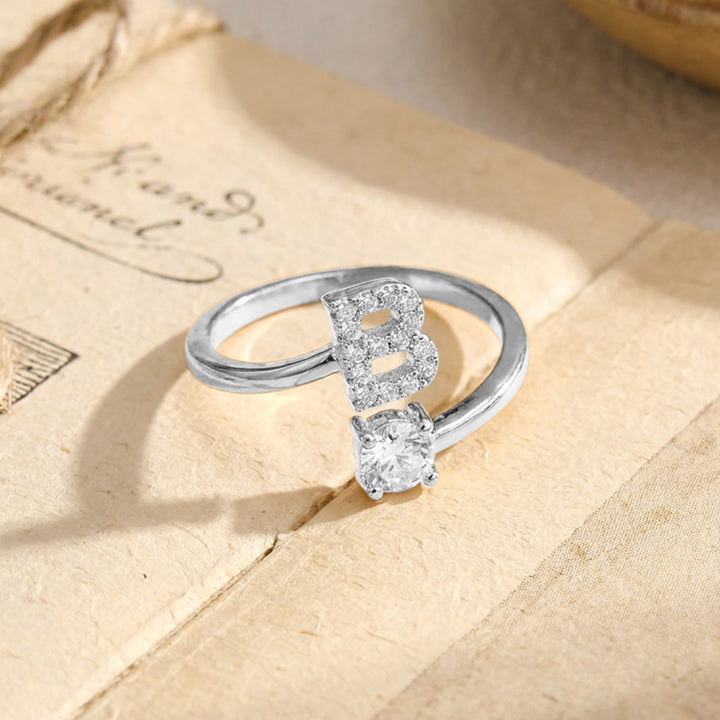 HilalHaven Initial Stone Offset Open Statement Ring Plated Copper Zircon Adjustable Letter Ring - Silver - B - image 27