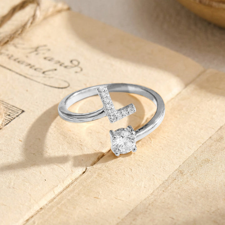HilalHaven Initial Stone Offset Open Statement Ring Plated Copper Zircon Adjustable Letter Ring - Silver - L - image 37