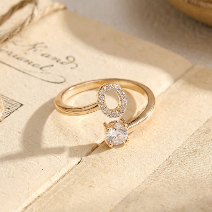 HilalHaven Initial Stone Offset Open Statement Ring Plated Copper Zircon Adjustable Letter Ring - Golden - O - image 14