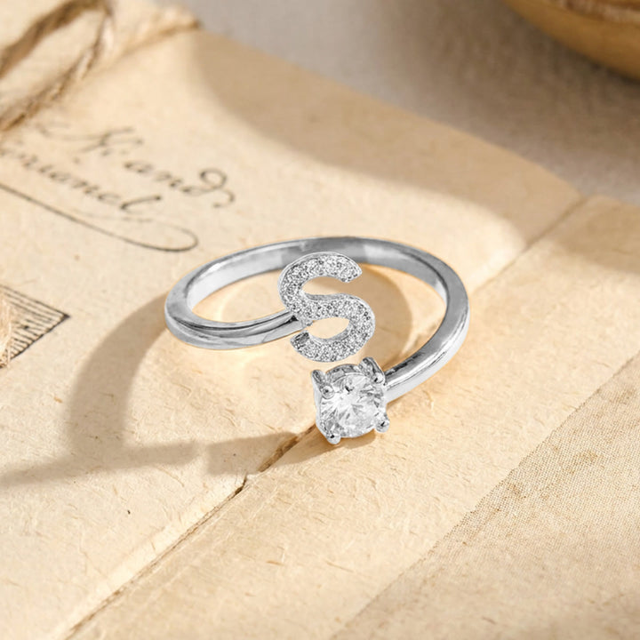 HilalHaven Initial Stone Offset Open Statement Ring Plated Copper Zircon Adjustable Letter Ring - Silver - S - image 44