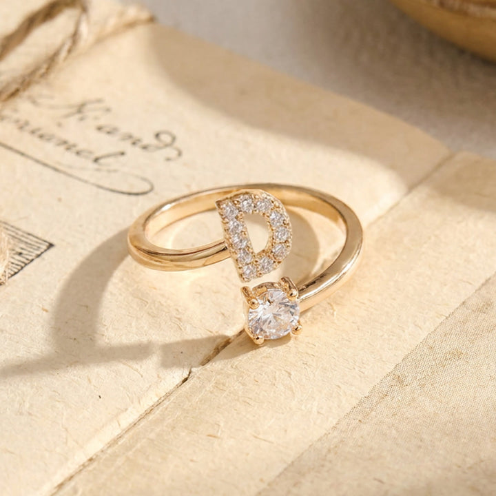 HilalHaven Initial Stone Offset Open Statement Ring Plated Copper Zircon Adjustable Letter Ring - Golden - D - image 3