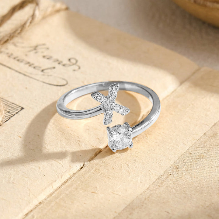 HilalHaven Initial Stone Offset Open Statement Ring Plated Copper Zircon Adjustable Letter Ring - Silver - X - image 49