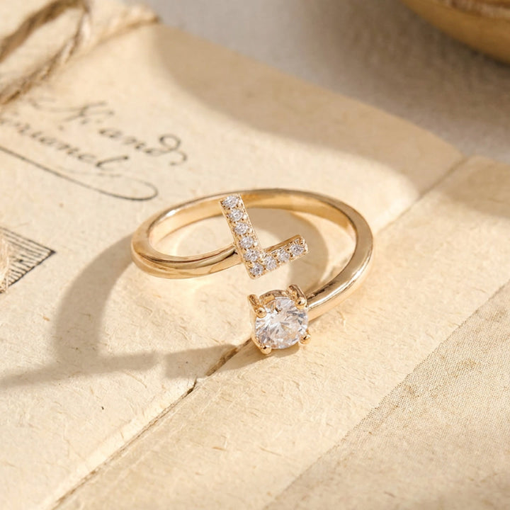 HilalHaven Initial Stone Offset Open Statement Ring Plated Copper Zircon Adjustable Letter Ring - Golden - L - image 11