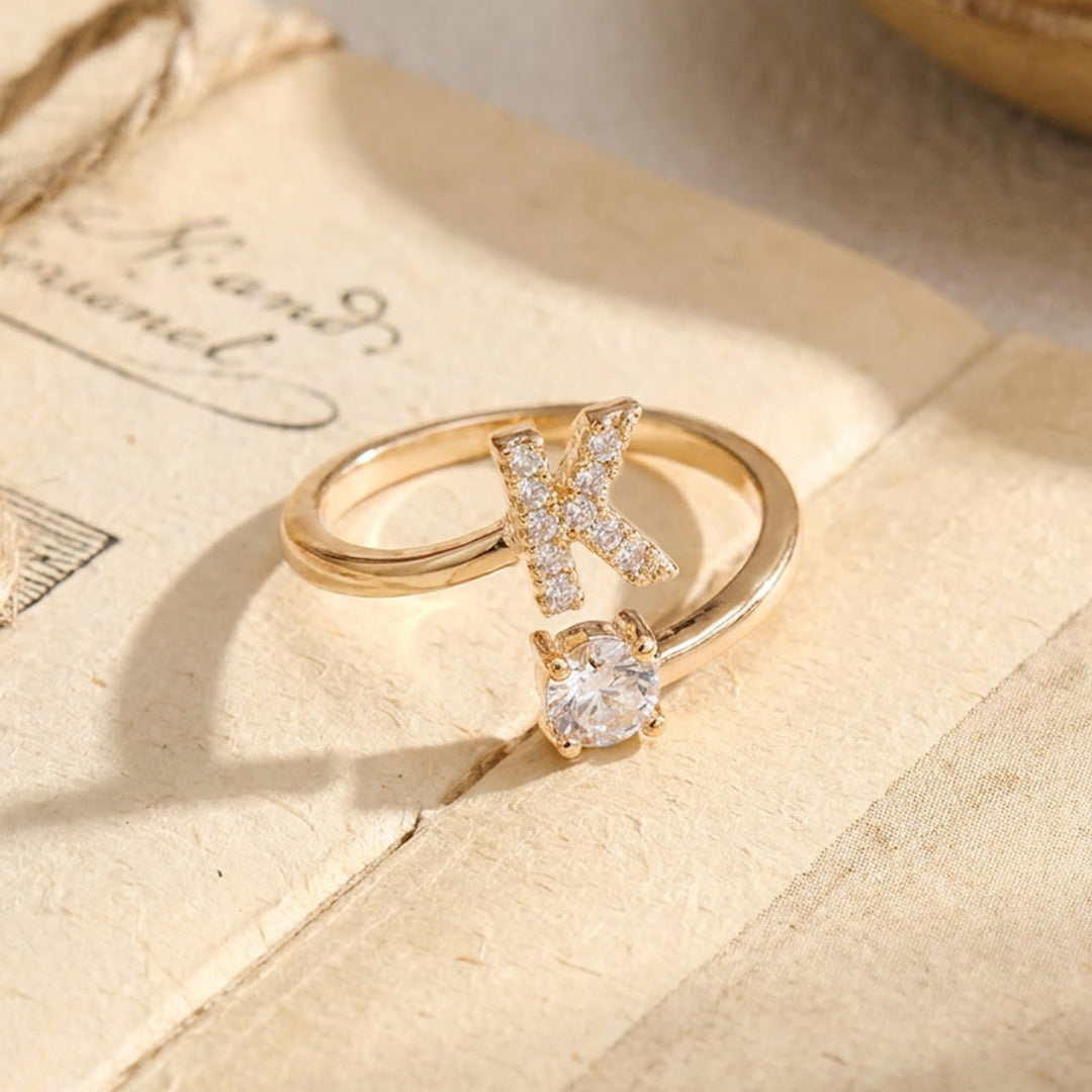 HilalHaven Initial Stone Offset Open Statement Ring Plated Copper Zircon Adjustable Letter Ring - Golden - K - image 10