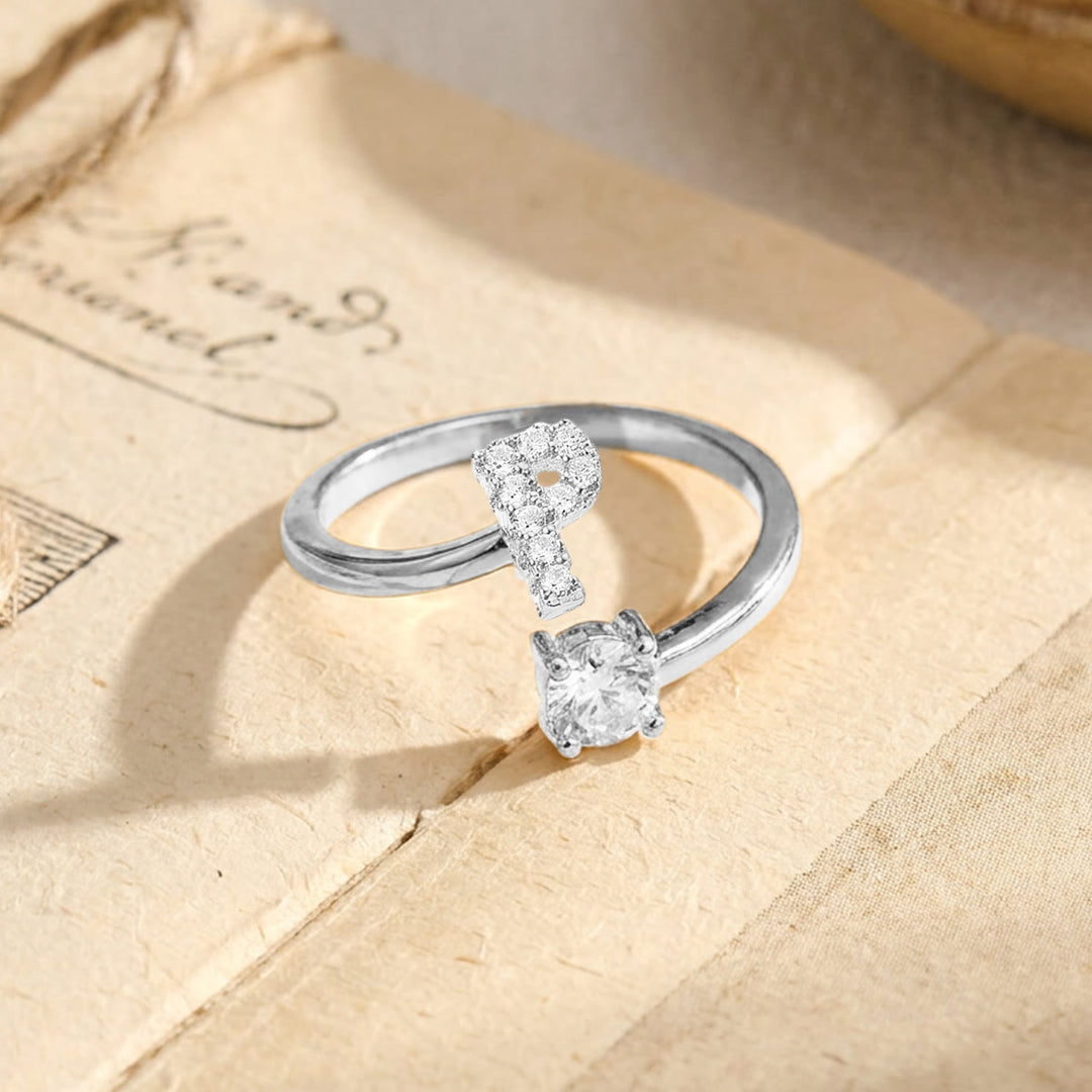 HilalHaven Initial Stone Offset Open Statement Ring Plated Copper Zircon Adjustable Letter Ring - Silver - P - image 41