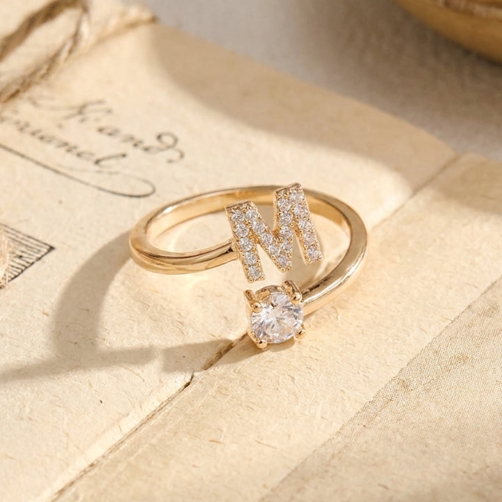 HilalHaven Initial Stone Offset Open Statement Ring Plated Copper Zircon Adjustable Letter Ring - Golden - M - image 12