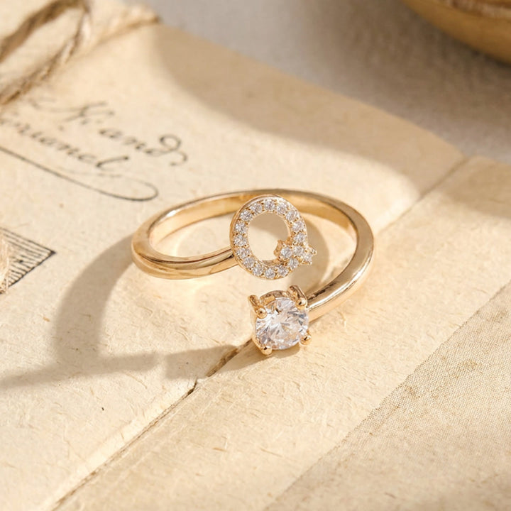 HilalHaven Initial Stone Offset Open Statement Ring Plated Copper Zircon Adjustable Letter Ring - Golden - Q - image 16