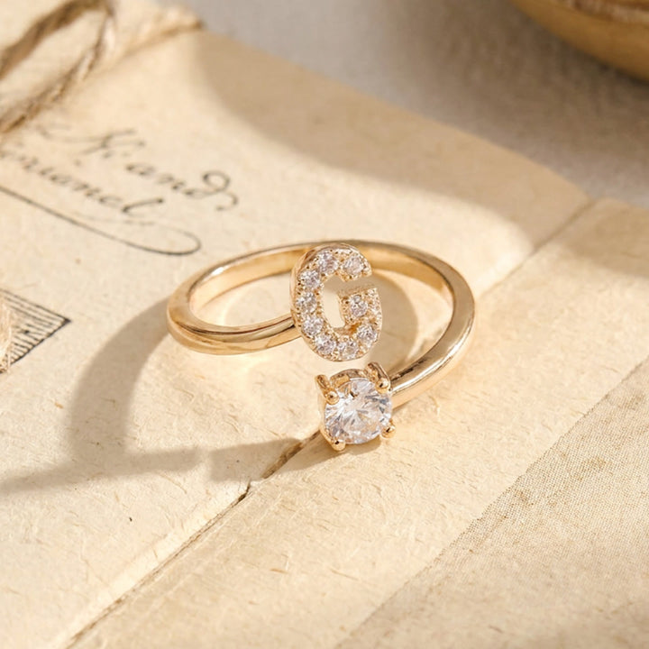HilalHaven Initial Stone Offset Open Statement Ring Plated Copper Zircon Adjustable Letter Ring - Golden - G - image 6