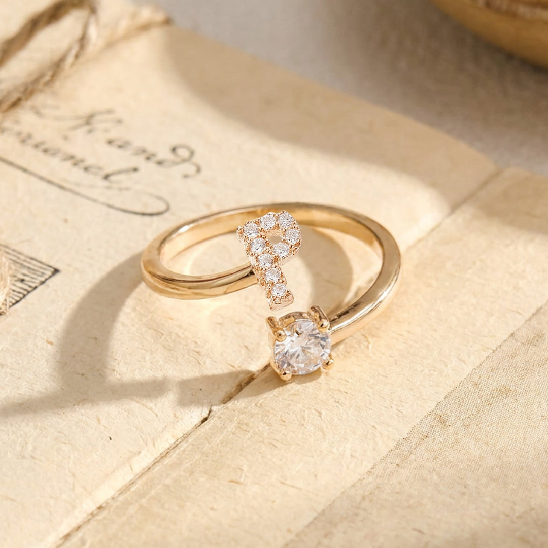 HilalHaven Initial Stone Offset Open Statement Ring Plated Copper Zircon Adjustable Letter Ring - Golden - P - image 15