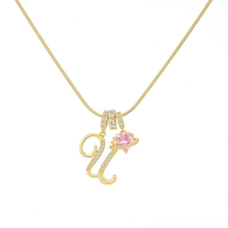 HilalHaven Ornate Cursive Initial with Heart Charm Minimal Snake‑Chain Necklace - U - image 22