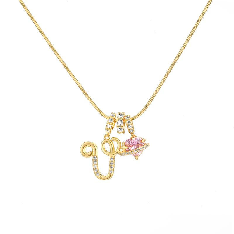 HilalHaven Ornate Cursive Initial with Heart Charm Minimal Snake‑Chain Necklace - V - image 23