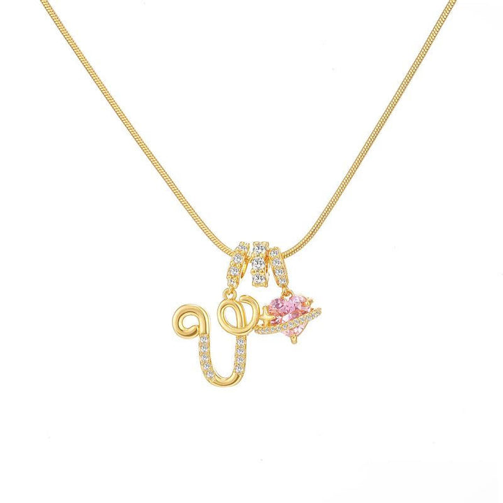 HilalHaven Ornate Cursive Initial with Heart Charm Minimal Snake‑Chain Necklace - V - image 23