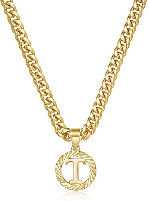 HilalHaven Minimal Engraved Initial Sun‑Ray Disc Heavy Cuban‑Chain Necklace - Golden - T - image 21
