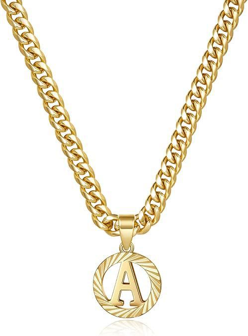 HilalHaven Minimal Engraved Initial Sun‑Ray Disc Heavy Cuban‑Chain Necklace - Golden - A - image 2
