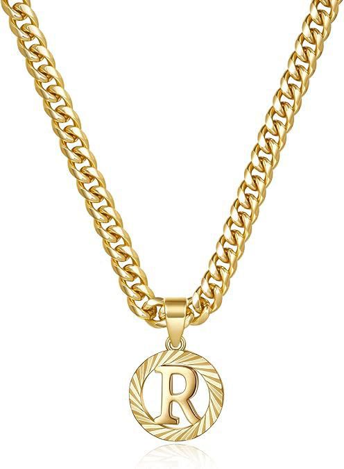 HilalHaven Minimal Engraved Initial Sun‑Ray Disc Heavy Cuban‑Chain Necklace - Golden - R - image 19