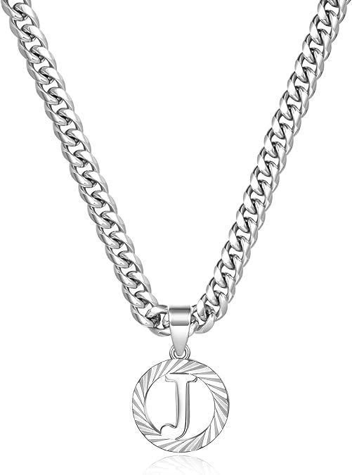 HilalHaven Minimal Engraved Initial Sun‑Ray Disc Heavy Cuban‑Chain Necklace - Sivler - J - image 37