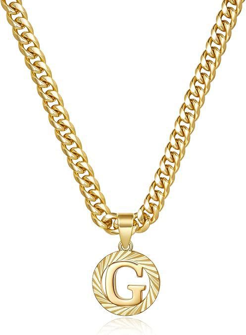 HilalHaven Minimal Engraved Initial Sun‑Ray Disc Heavy Cuban‑Chain Necklace - Golden - G - image 8