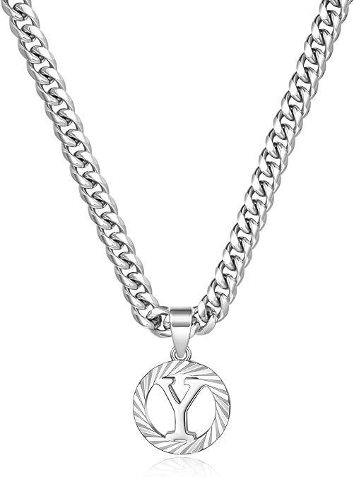 HilalHaven Minimal Engraved Initial Sun‑Ray Disc Heavy Cuban‑Chain Necklace - Sivler - Y - image 52