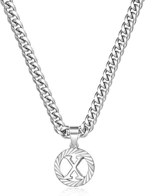 HilalHaven Minimal Engraved Initial Sun‑Ray Disc Heavy Cuban‑Chain Necklace - Sivler - X - image 51