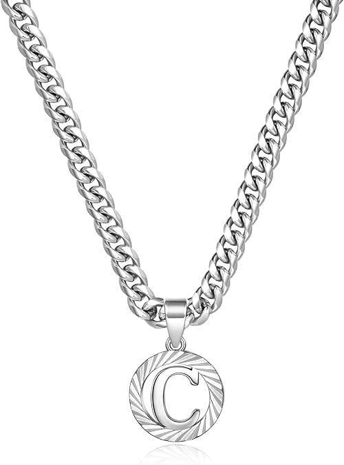 HilalHaven Minimal Engraved Initial Sun‑Ray Disc Heavy Cuban‑Chain Necklace - Sivler - C - image 30
