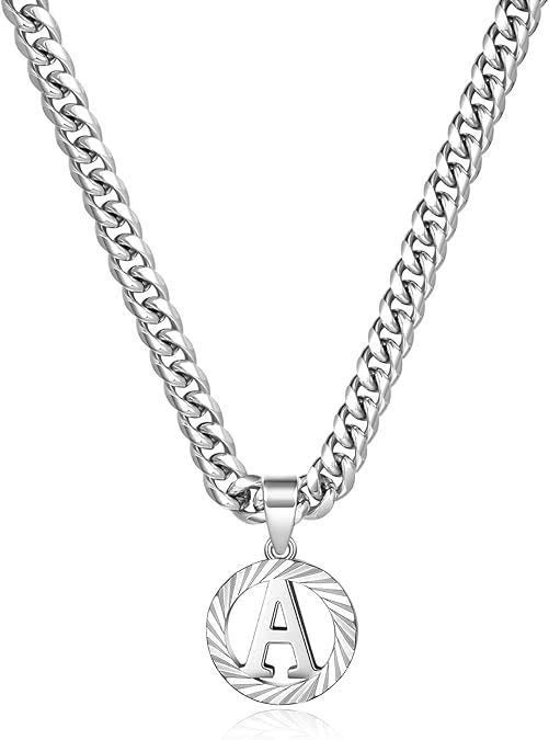 HilalHaven Minimal Engraved Initial Sun‑Ray Disc Heavy Cuban‑Chain Necklace - Sivler - A - image 28