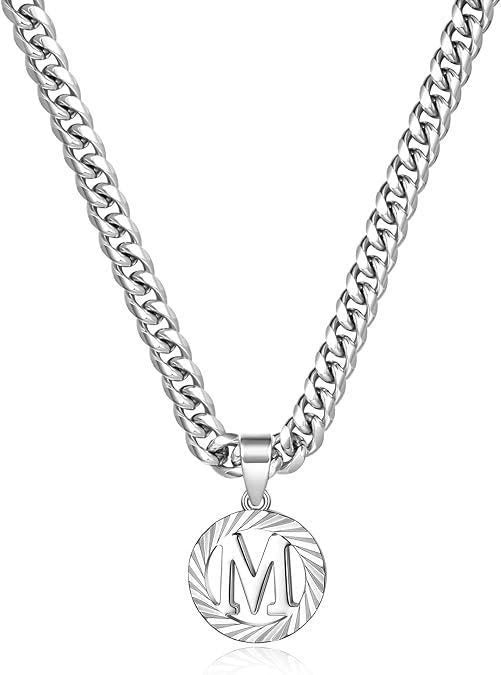 HilalHaven Minimal Engraved Initial Sun‑Ray Disc Heavy Cuban‑Chain Necklace - Sivler - M - image 40