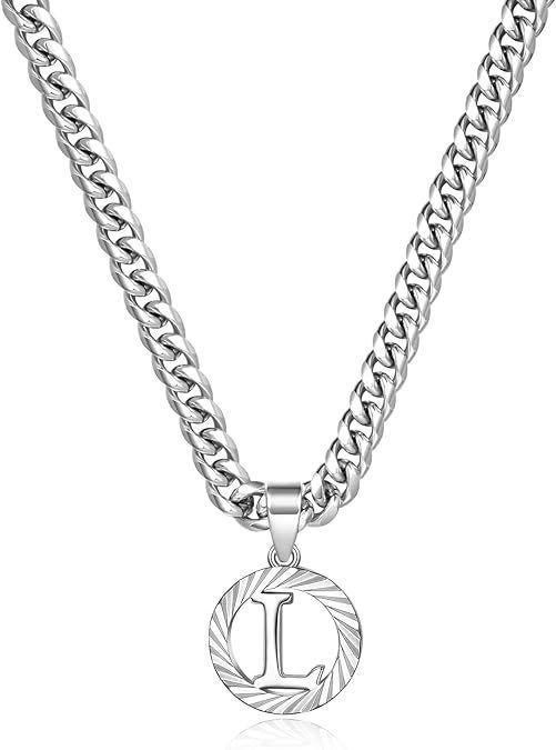 HilalHaven Minimal Engraved Initial Sun‑Ray Disc Heavy Cuban‑Chain Necklace - Sivler - L - image 39