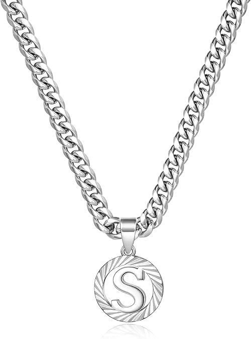 HilalHaven Minimal Engraved Initial Sun‑Ray Disc Heavy Cuban‑Chain Necklace - Sivler - S - image 46