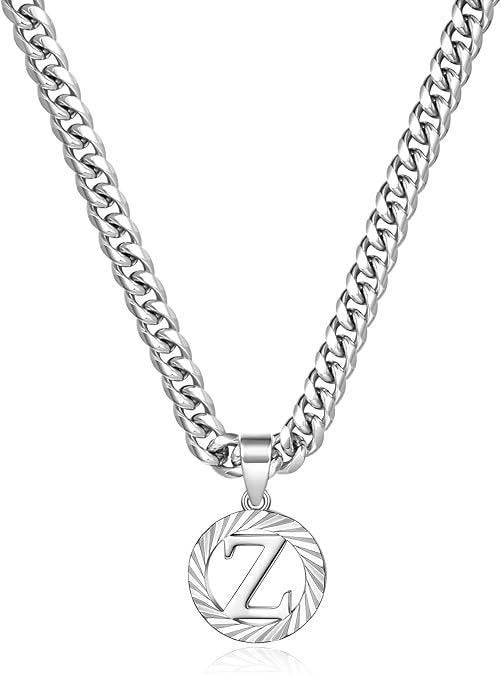 HilalHaven Minimal Engraved Initial Sun‑Ray Disc Heavy Cuban‑Chain Necklace - Sivler - Z - image 53