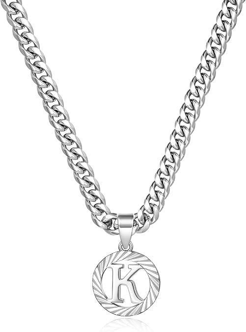 HilalHaven Minimal Engraved Initial Sun‑Ray Disc Heavy Cuban‑Chain Necklace - Sivler - K - image 38
