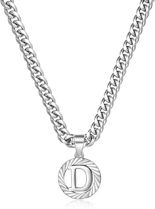 HilalHaven Minimal Engraved Initial Sun‑Ray Disc Heavy Cuban‑Chain Necklace - Sivler - D - image 31