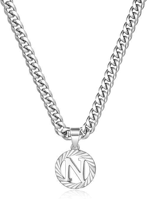 HilalHaven Minimal Engraved Initial Sun‑Ray Disc Heavy Cuban‑Chain Necklace - Sivler - N - image 41