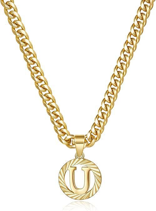 HilalHaven Minimal Engraved Initial Sun‑Ray Disc Heavy Cuban‑Chain Necklace - Golden - U - image 22
