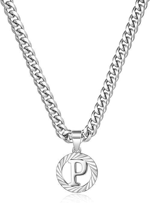 HilalHaven Minimal Engraved Initial Sun‑Ray Disc Heavy Cuban‑Chain Necklace - Sivler - P - image 43