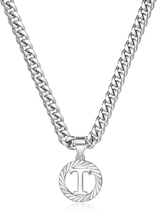 HilalHaven Minimal Engraved Initial Sun‑Ray Disc Heavy Cuban‑Chain Necklace - Sivler - T - image 47